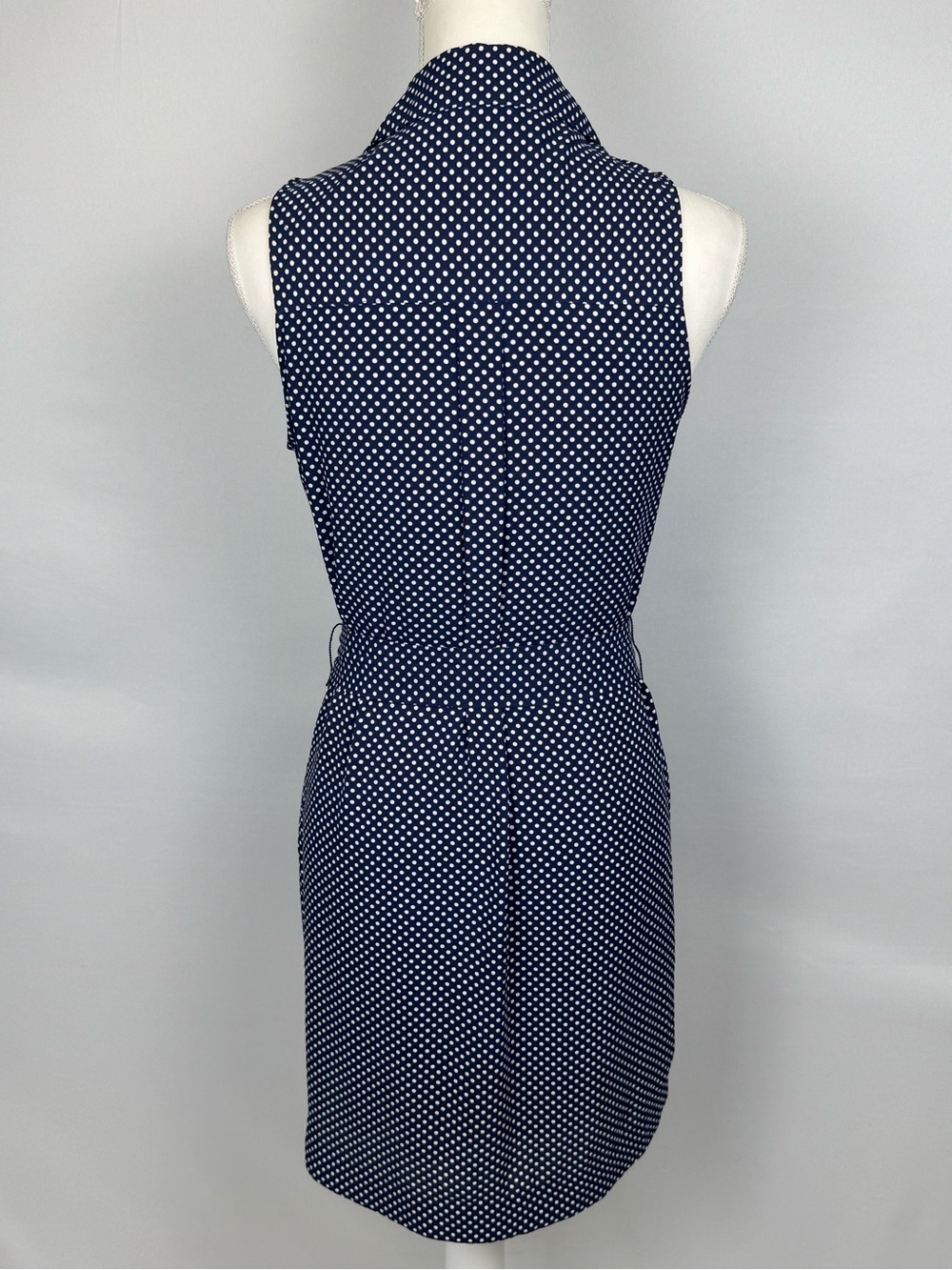 Express Sleeveless Shirt Dress Navy Blue White Polka Dot Belted Size XS Office - Picture 4 of 8